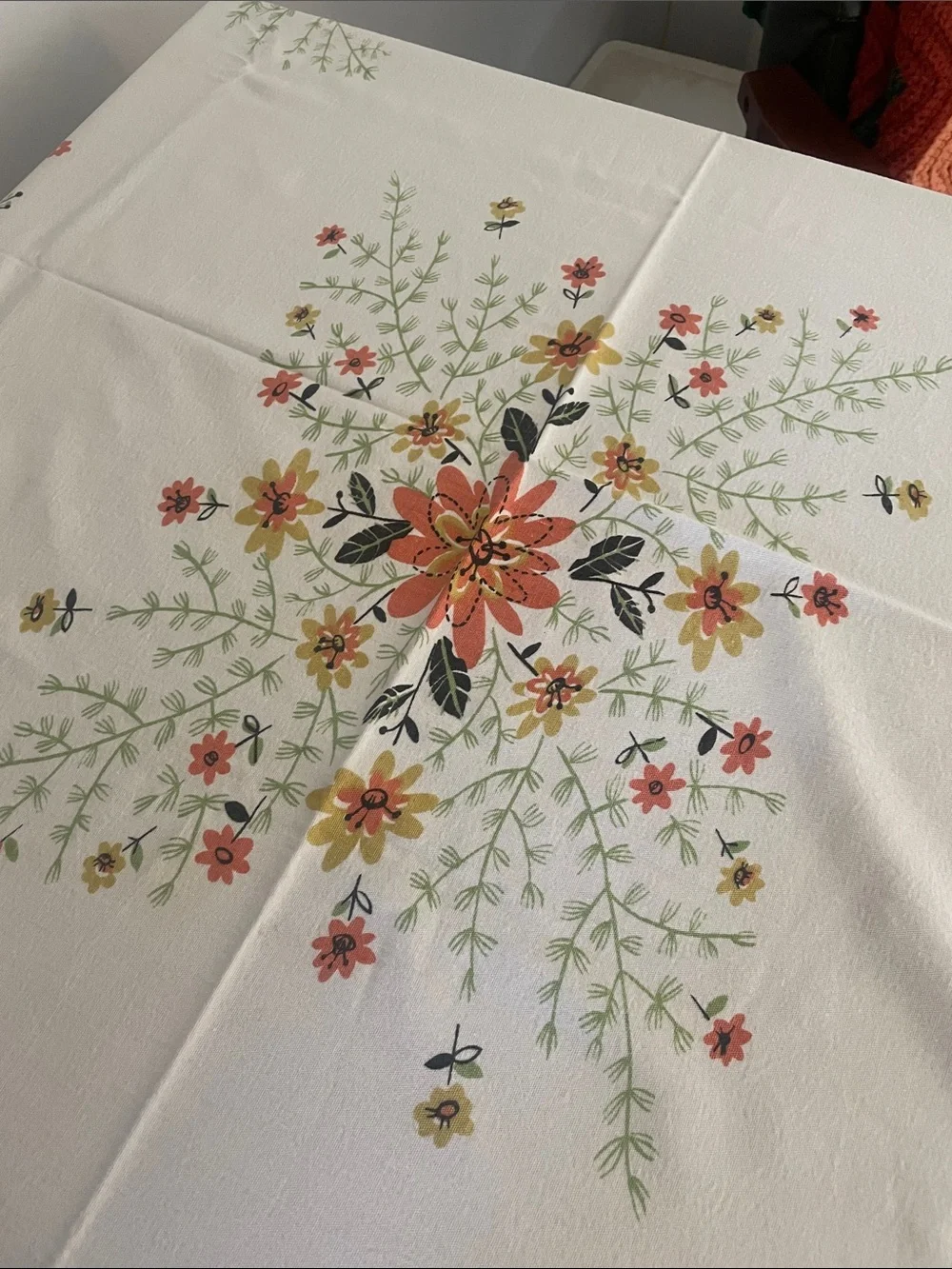 Floral design  Tablecloth in Cream with Orange & Green Accents mid century